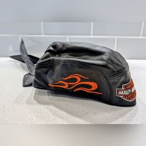 Harley-Davidson Do Rag Mens XL Black Leather Flames Skull Cap Motorcycle
